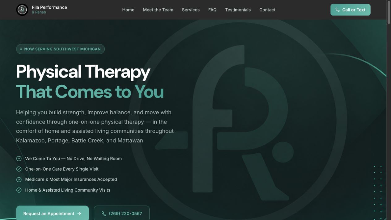 Fila Performance & Rehab homepage with a teal physical therapy headline and appointment links